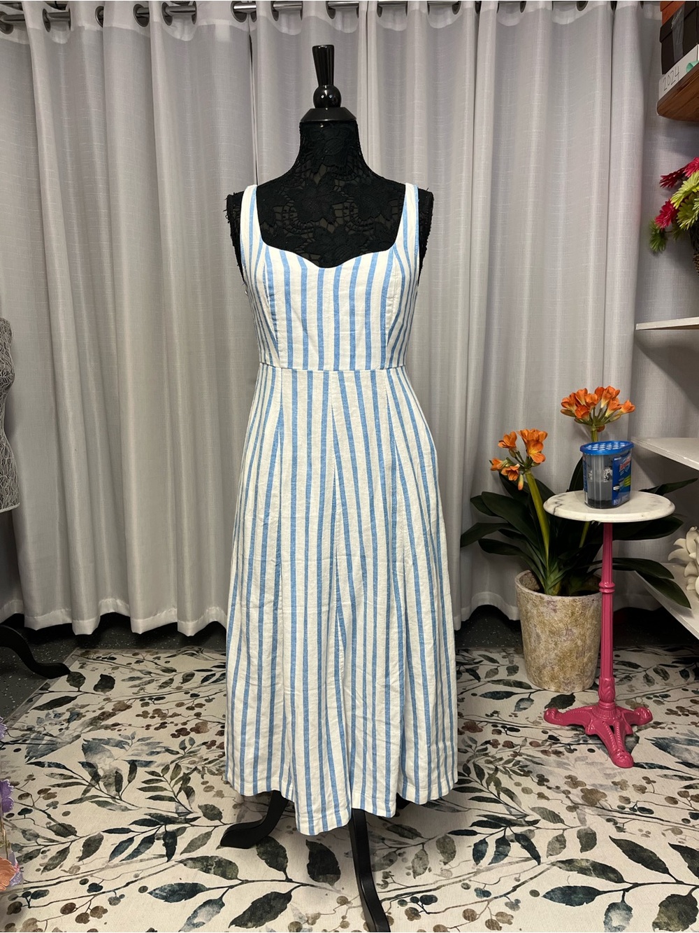 Old Navy Blue and White Vertical Stripe Sleeveless Midi Dress